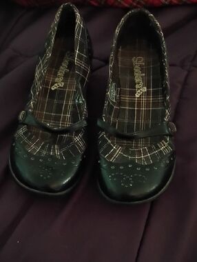 Skechers Black Plaid Strap Flats